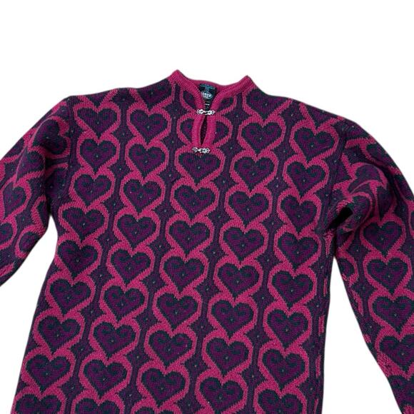 Vintage Pink Heart Print Wool Sweater Made in Norway / Women’s Large - - Picture 1 of 4